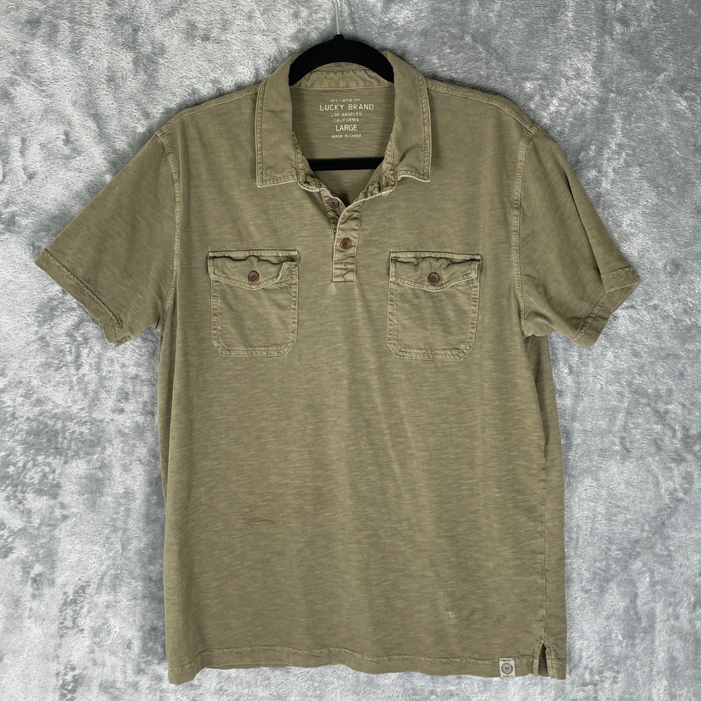 Lucky Brand Polo Shirt Mens Large Olive Green Good Dual Pocket Slub Knit Utility